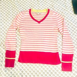 Tommy Hilfiger Pink On Pink Striped V Neck Sweater With Lime Green Detailing